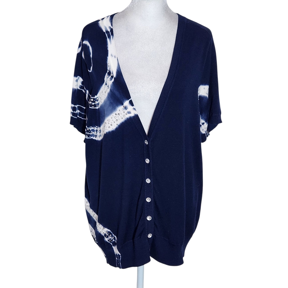 INC International Concepts Navy and White Short Sleeve Cardigan Sweater Size 1X